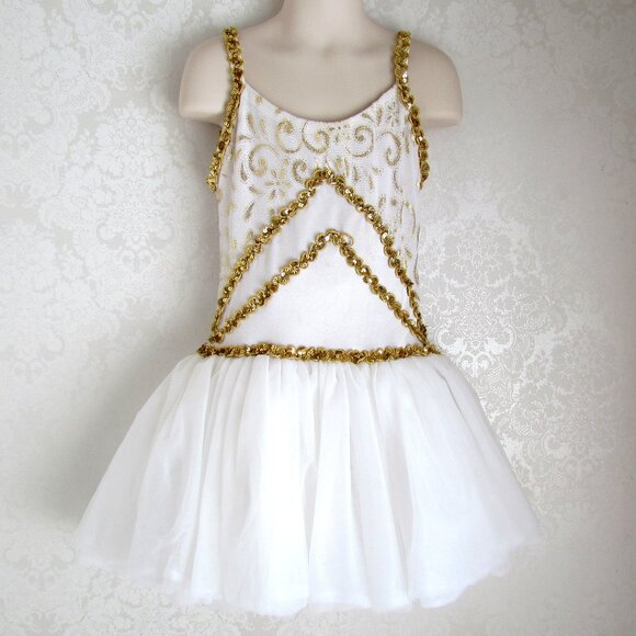 GIRL'S DANCE COSTUME, 10, JOANNA DESIGNS TUTU in WHITE w GOLD BLING, CUTE FAIRY - Picture 1 of 7